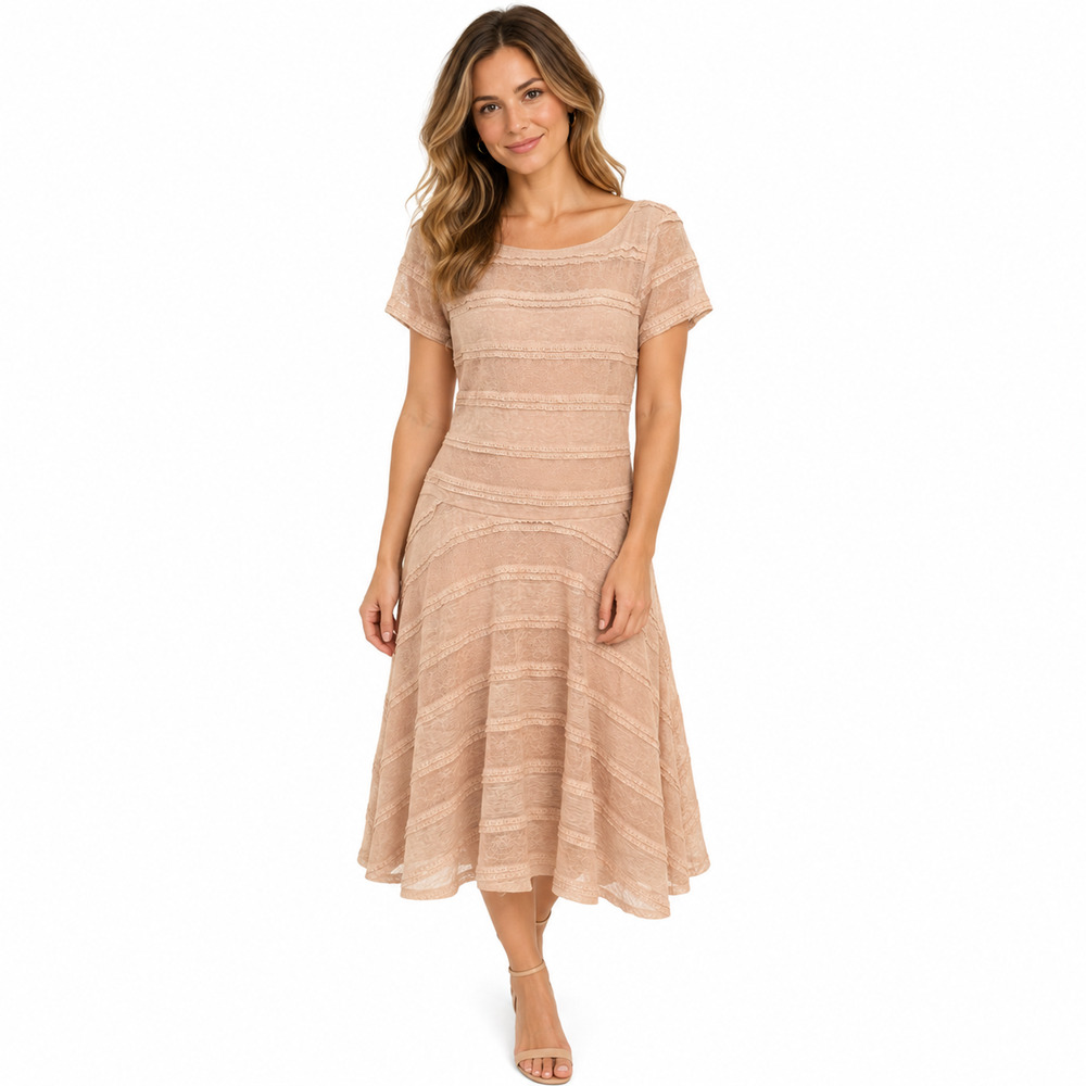 Sangria Peach Pink Lace Short Sleeve Midi Dress Stretch Lined Full Skirt sz 10